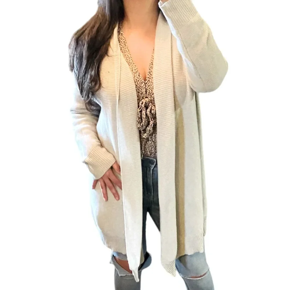 Eileen Fisher Light Gray Ribbed 100% Cashmere Long sleeve Shawl Open Cardigan L - Picture 1 of 16